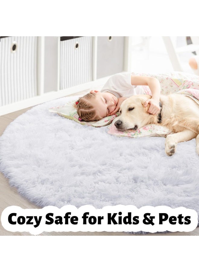 White Round Rug for Bedroom,Fluffy Circle Rug 1.2mX1.2m for Kids Room,Furry Carpet for Teen's Room,Shaggy Throw Rug for Nursery Room,Fuzzy Plush Rug for Dorm,White Carpet,Cute Room Decor for Baby - Image 3